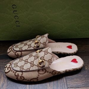 $990 Gucci Princetown Loafer Mules Jumbo GG Camel Canvas G 35 US 5